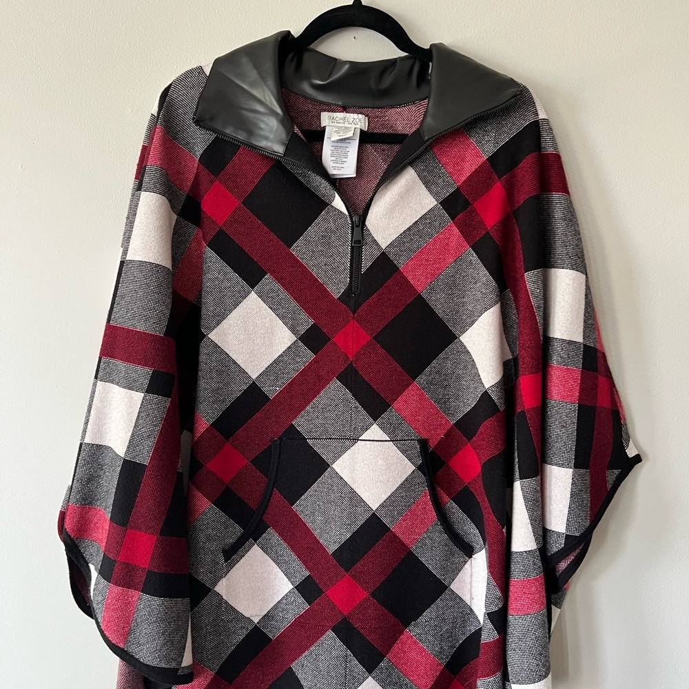 Rachel Zoe Red and Black Poncho with Leather Trim